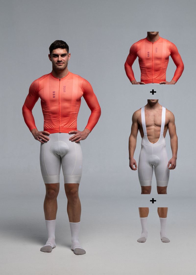VIBRANT CORAL LS JERSEY + OFF WHITE BIBS + WHITE/GREY SOCKS