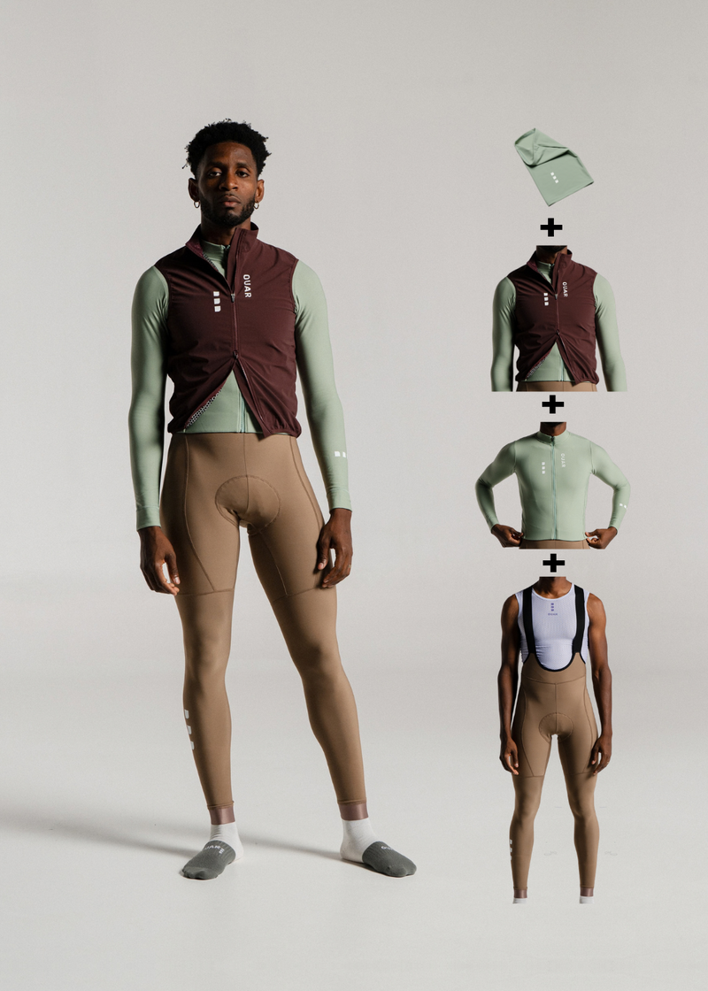CHILL LS JERSEY + HAZEL LONG BIBS + DARK OAK GILET + NECK WARMER
