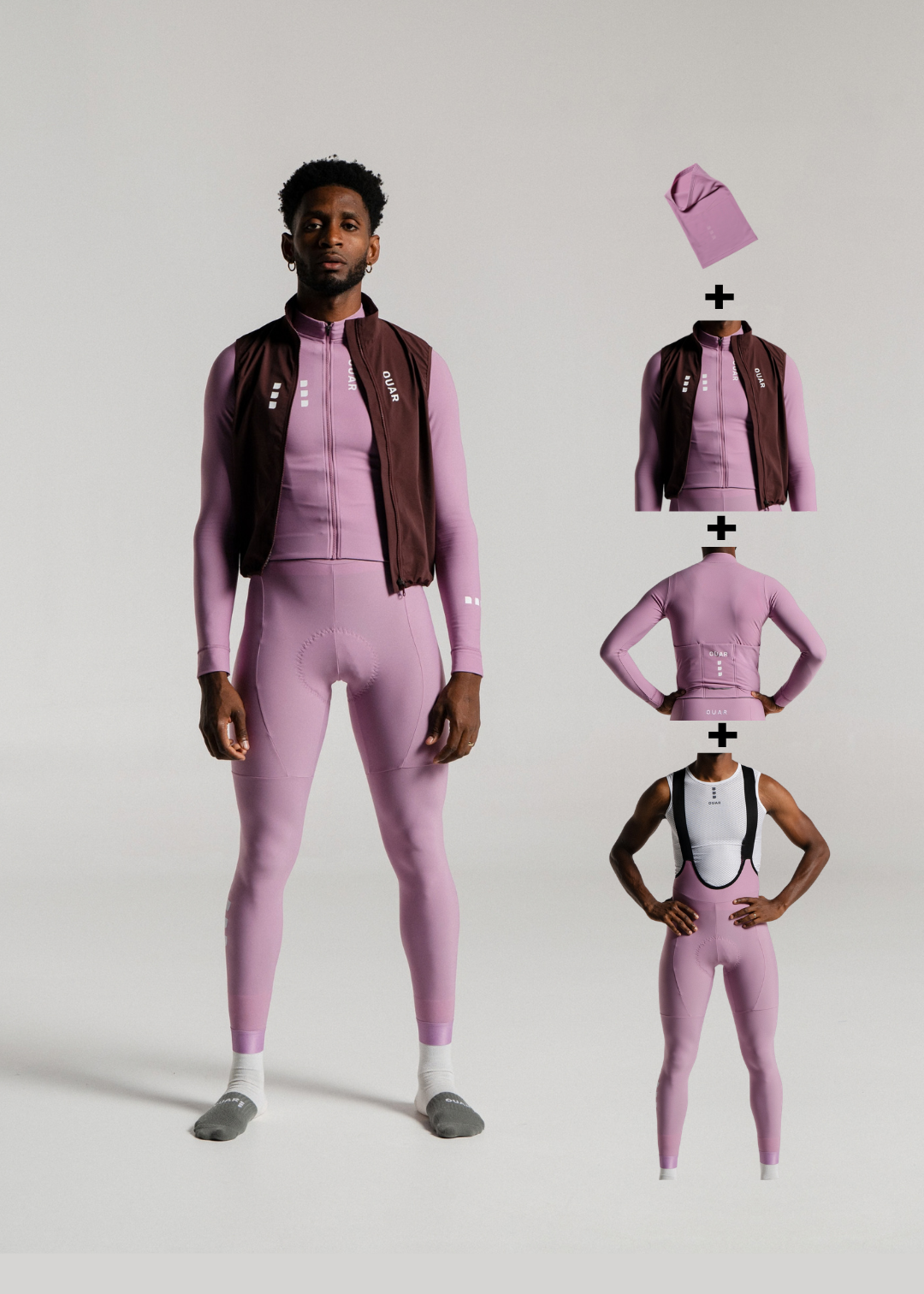NEW WAVE LS JERSEY + DUSTY ORCHID LONG BIBS + DARK OAK GILET + NECK WARMER