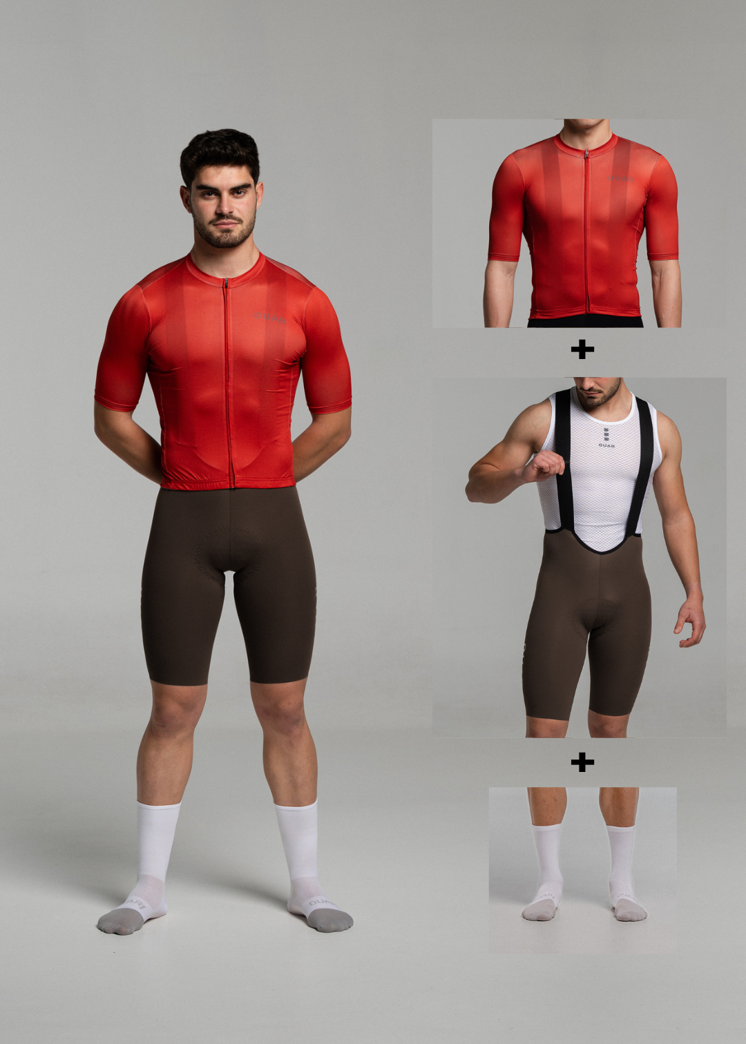 BURNT RED JERSEY + COCOA BIBS + WHITE/GREY SOCKS