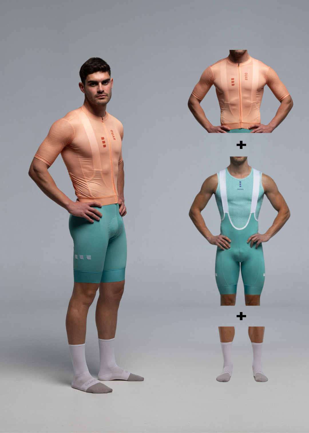 PEACH JERSEY + AQUAMARINE BIBS +`WHITE/GREY SOCKS