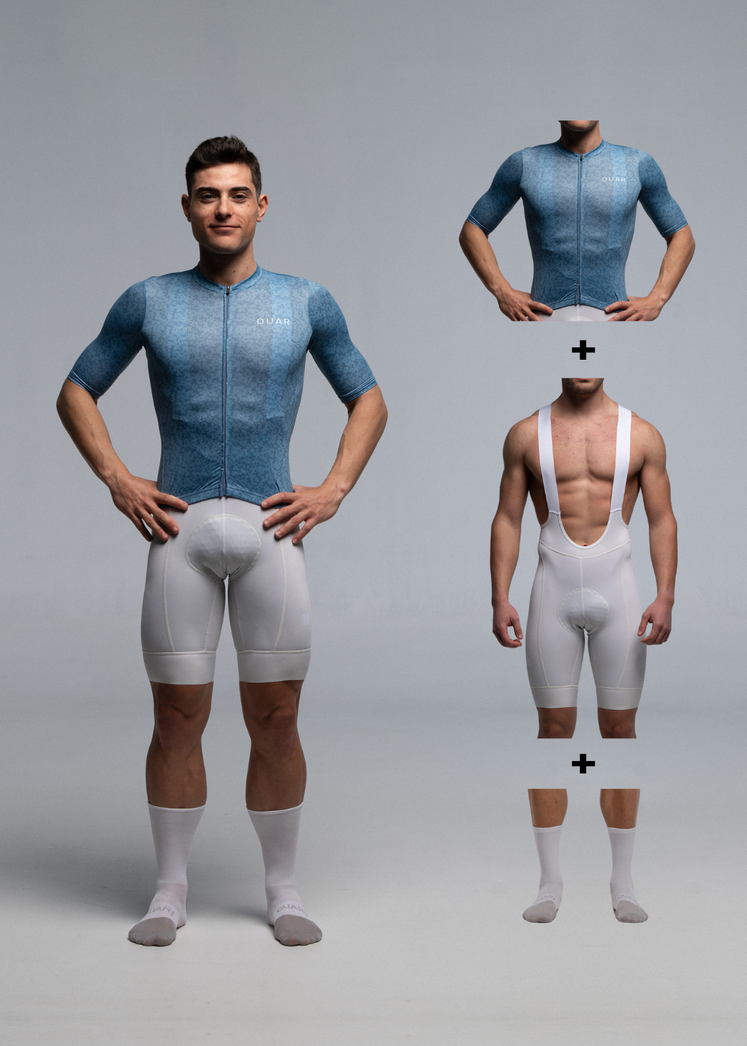 STEEL BLUE JERSEY + OFF WHITE BIBS + WHITE/GREY SOCKS