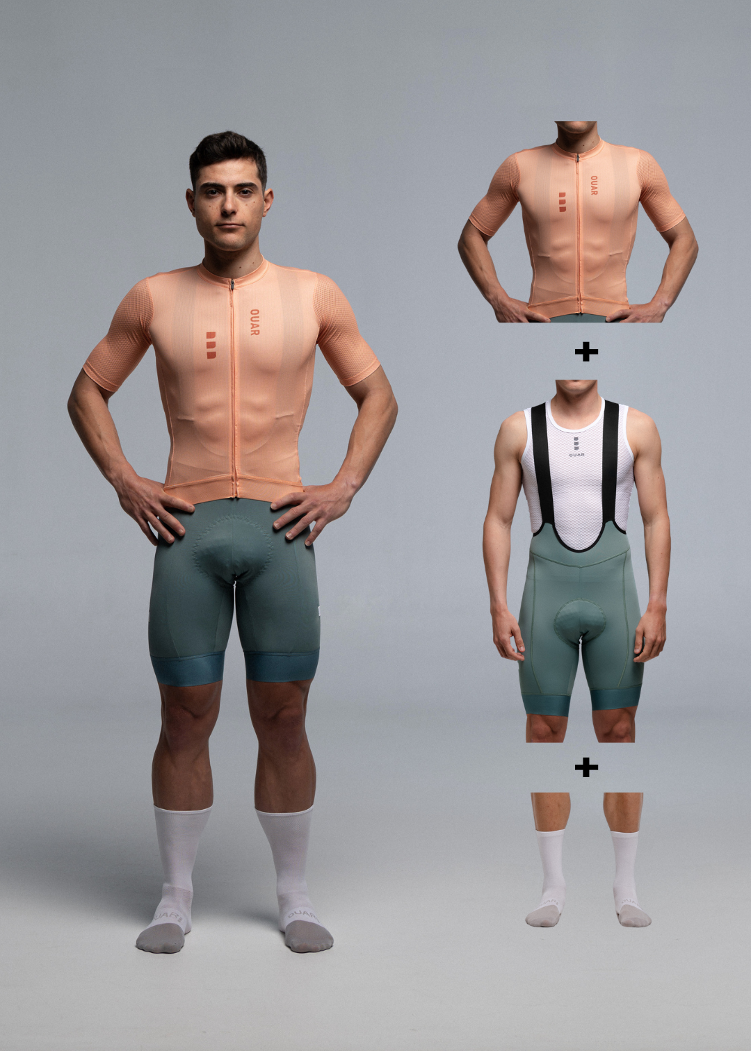 PEACH JERSEY + EUCALYPTO BIBS + WHITE/GREY SOCKS