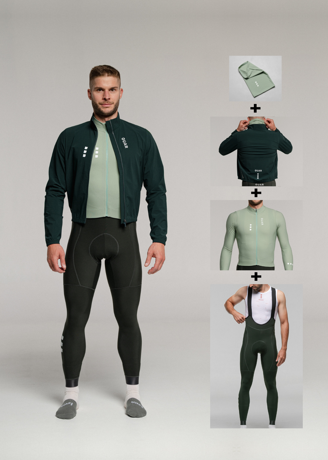 CHILL LS JERSEY + FOREST GREEN LONG BIBS + DEEP OCEAN JACKET + NECK WARMER