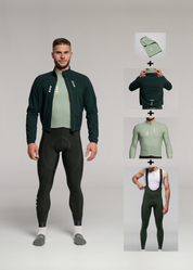 CHILL LS JERSEY + FOREST GREEN LONG BIBS + DEEP OCEAN JACKET + NECK WARMER