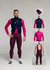 FUNK LS JERSEY + RIPE PLUM LONG BIBS + DARK NIGHT GILET + NECK WARMER
