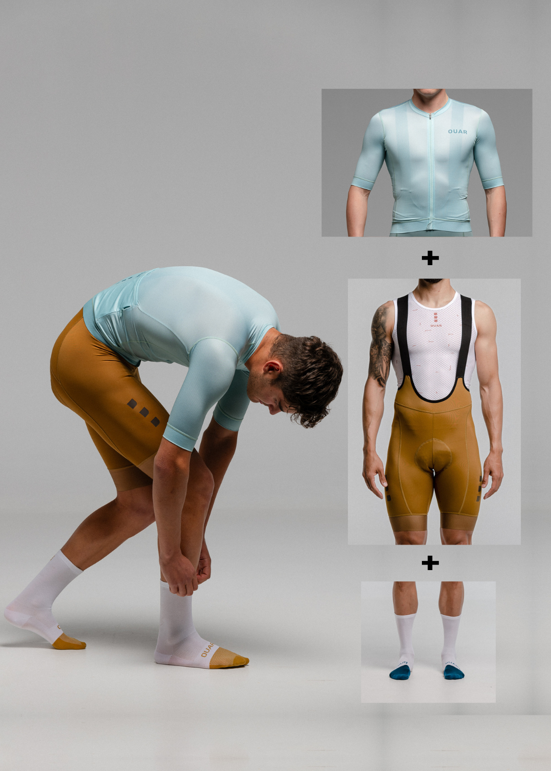 DUSTY MOSS JERSEY + TERROIR BIBS + WHITE/AQUA SOCKS