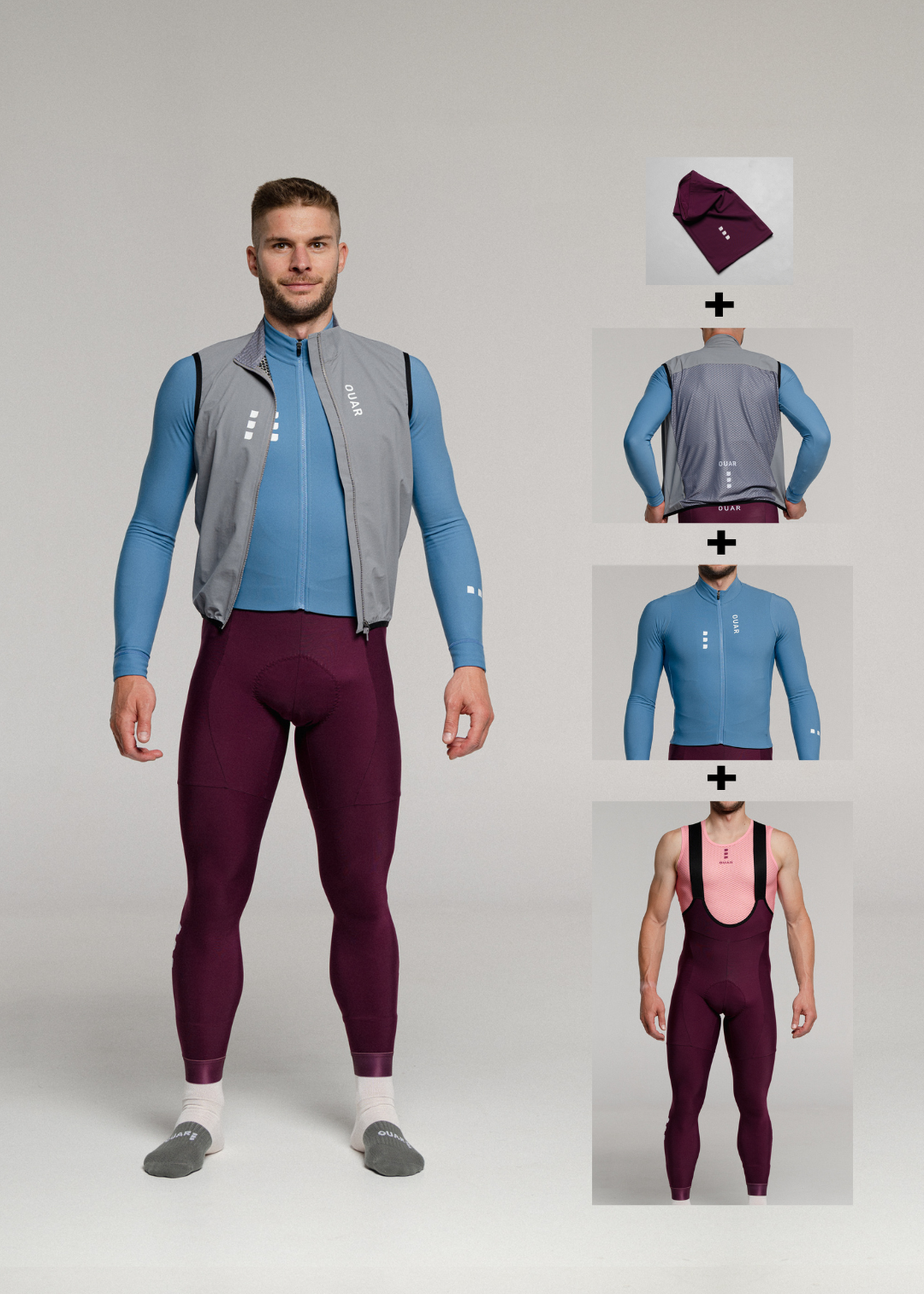 ELECTRO LS JERSEY + RIPE PLUM LONG BIBS + MIST GILET + NECK WARMER