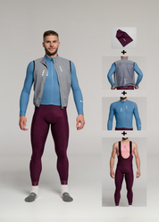 ELECTRO LS JERSEY + RIPE PLUM LONG BIBS + MIST GILET + NECK WARMER