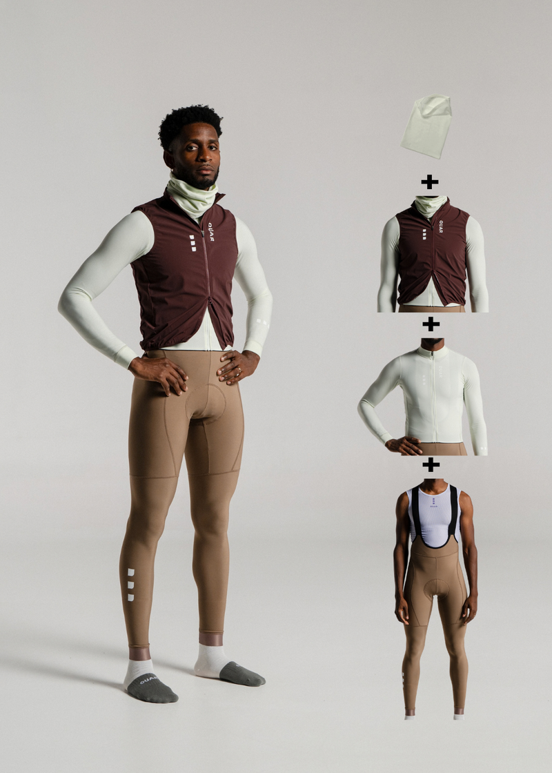 LOUNGE JERSEY + HAZEL LONG BIBS + DARK OAK GILET + NECK WARMER
