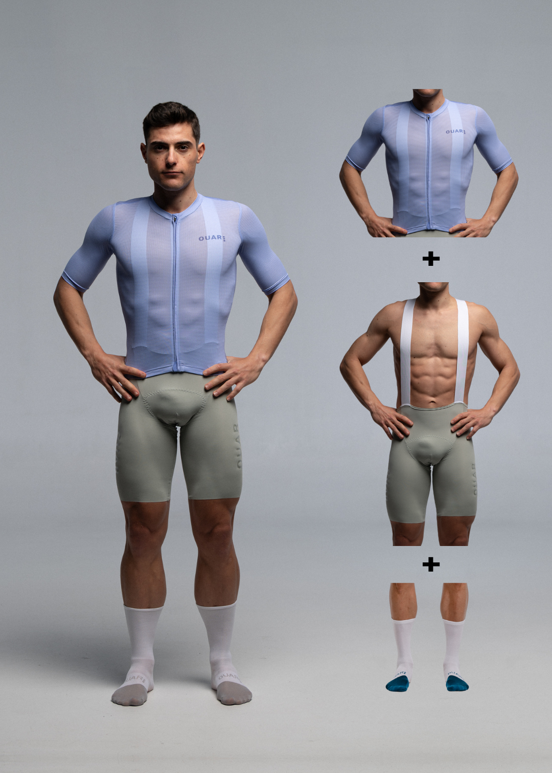 SAPPHIRE JERSEY + WARM GREY BIBS + WHITE/AQUA SOCKS