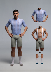 SAPPHIRE JERSEY + WARM GREY BIBS + WHITE/AQUA SOCKS