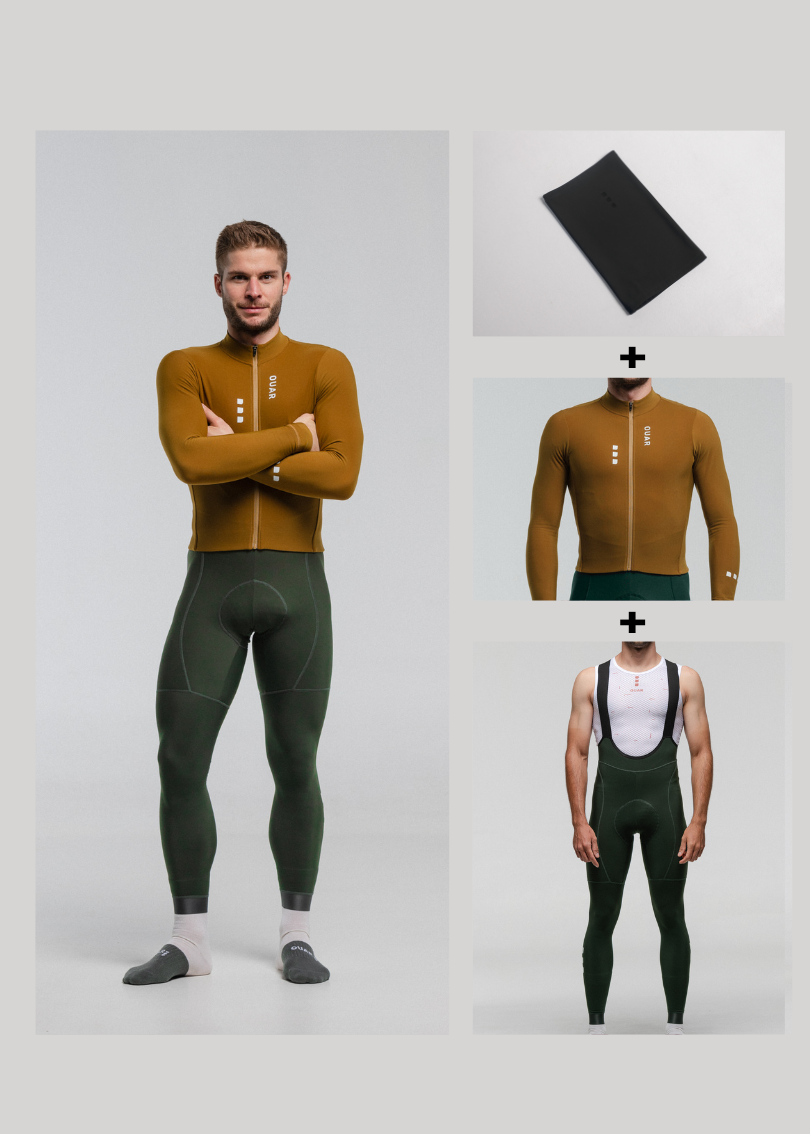 COUNTRY LS JERSEY + FOREST GREEN LONG BIBS + PURE BLACK NECK WARMER