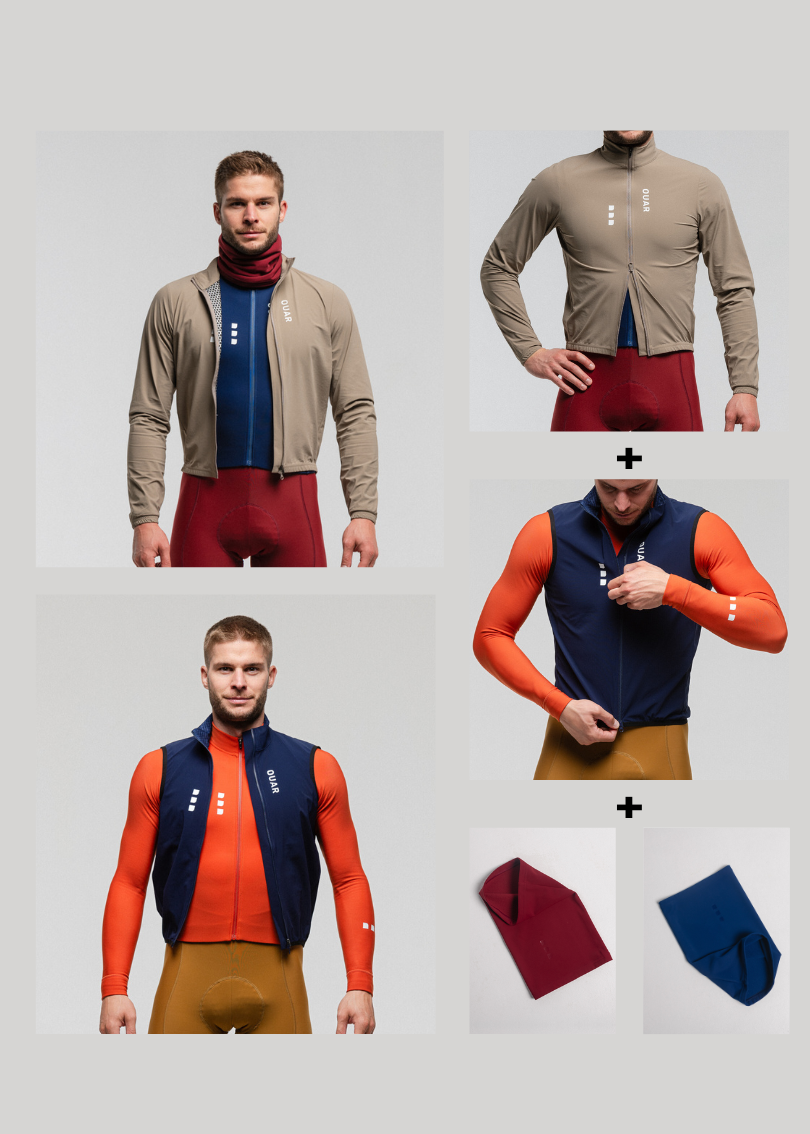 SAND JACKET + DARK NIGHT GILET + RUBY & MARINO NECK WARMERS