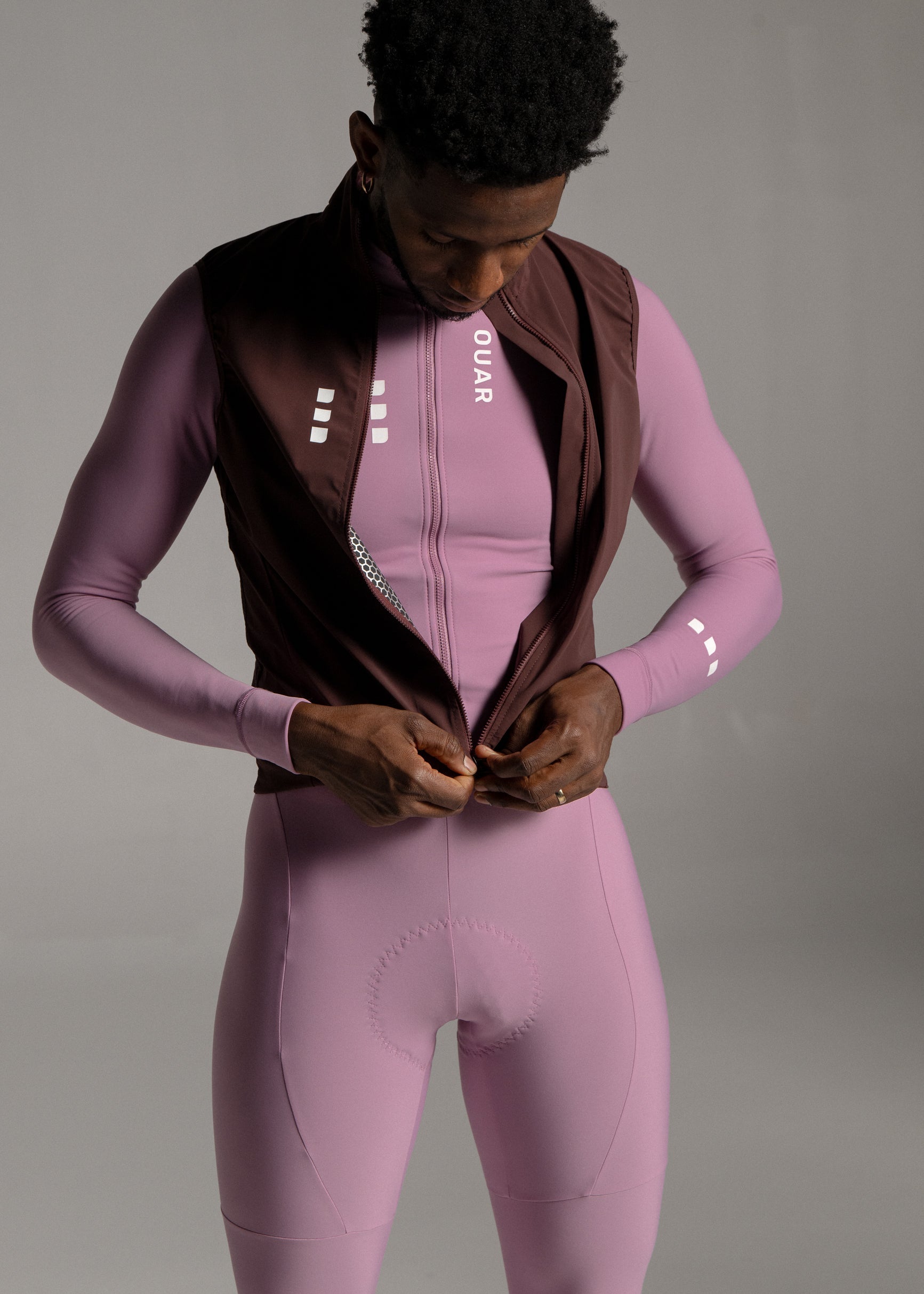 NEW WAVE LS JERSEY + DUSTY ORCHID LONG BIBS + DARK OAK GILET + NECK WARMER