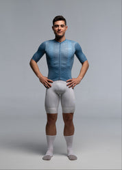 STEEL BLUE JERSEY + OFF WHITE BIBS + WHITE/GREY SOCKS