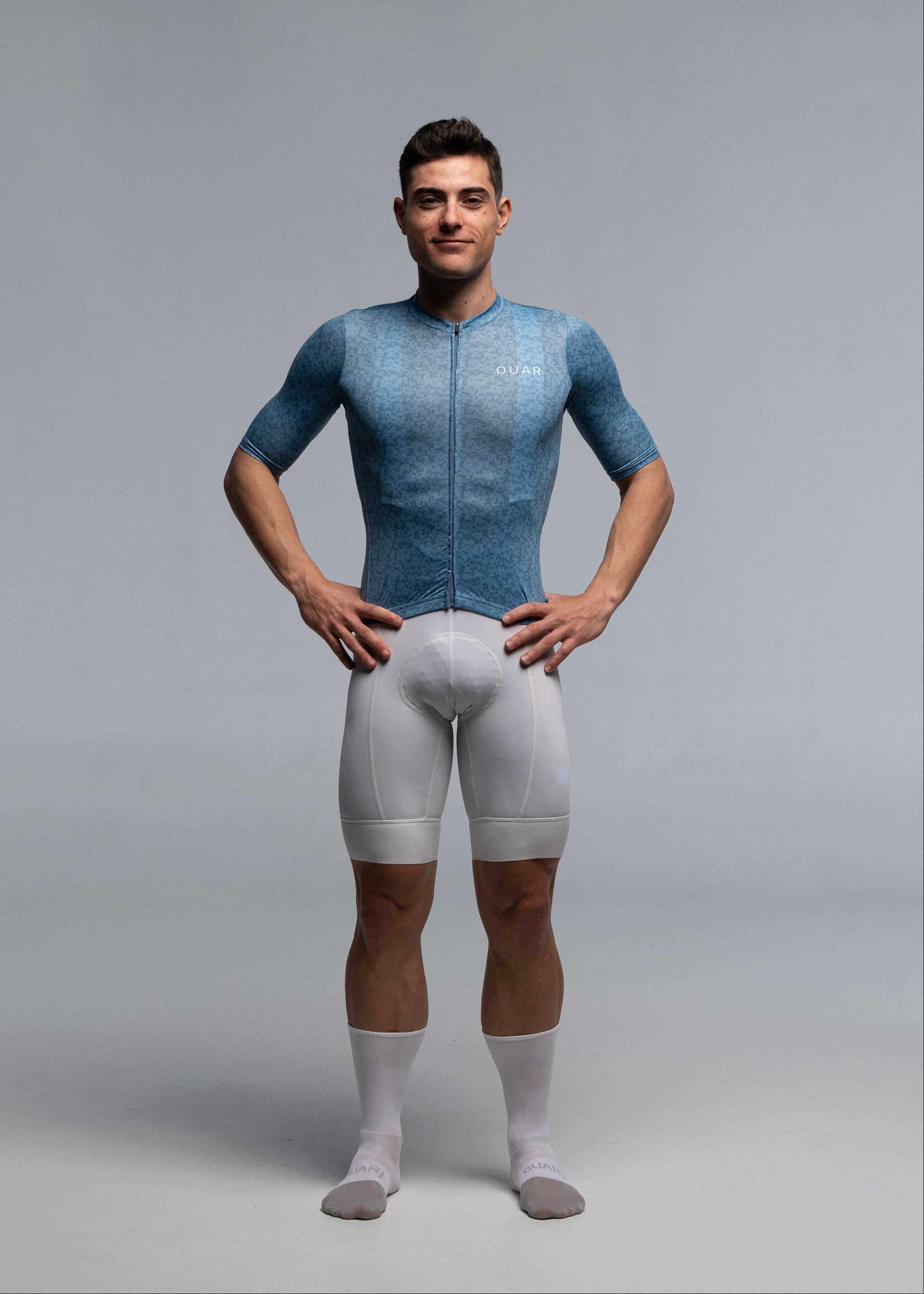 STEEL BLUE JERSEY + OFF WHITE BIBS + WHITE/GREY SOCKS