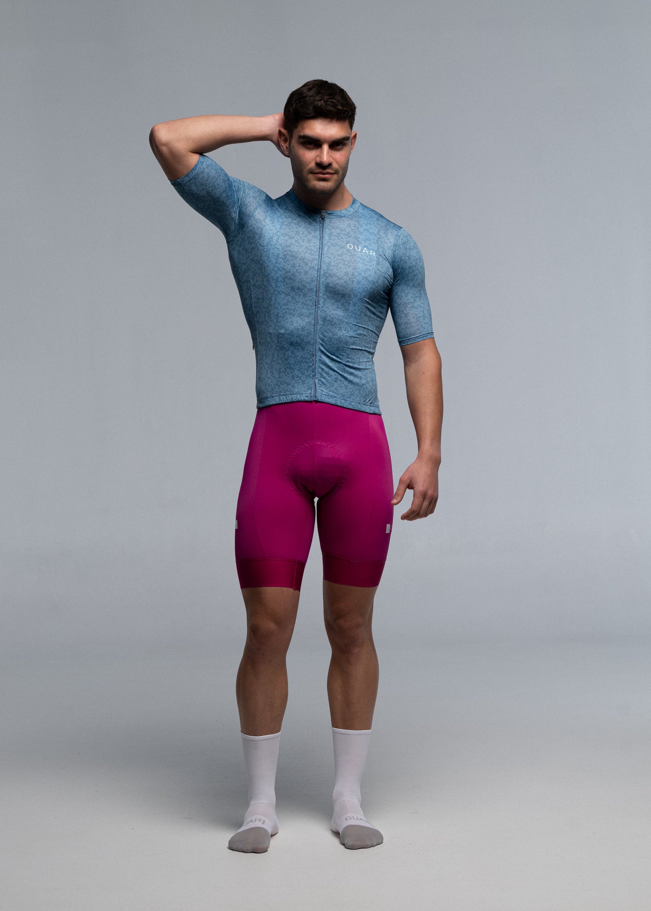 STEEL BLUE JERSEY + ORCHID BIBS + WHITE/AQUA SOCKS