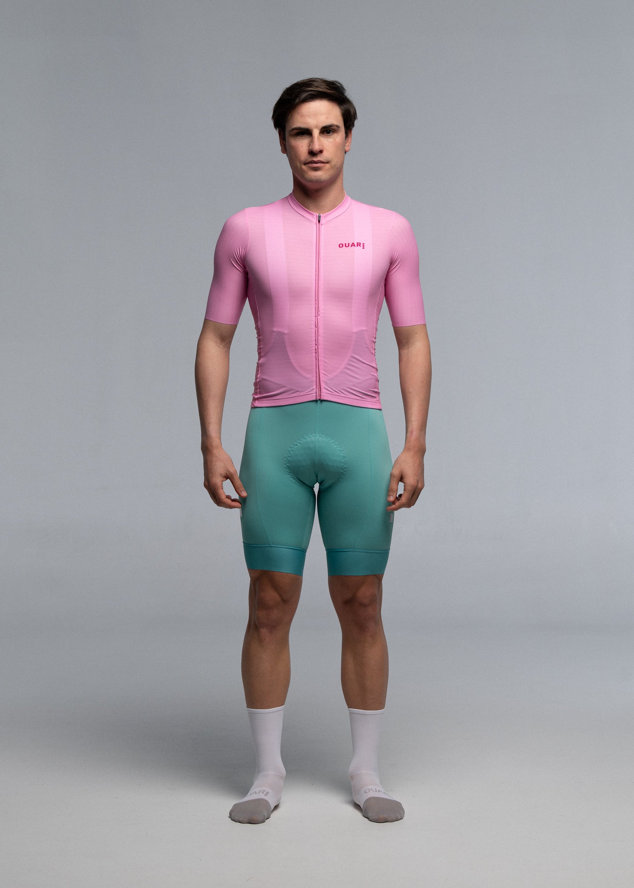 PINK JERSEY + AQUAMARINE BIBS + WHITE/GREY SOCKS