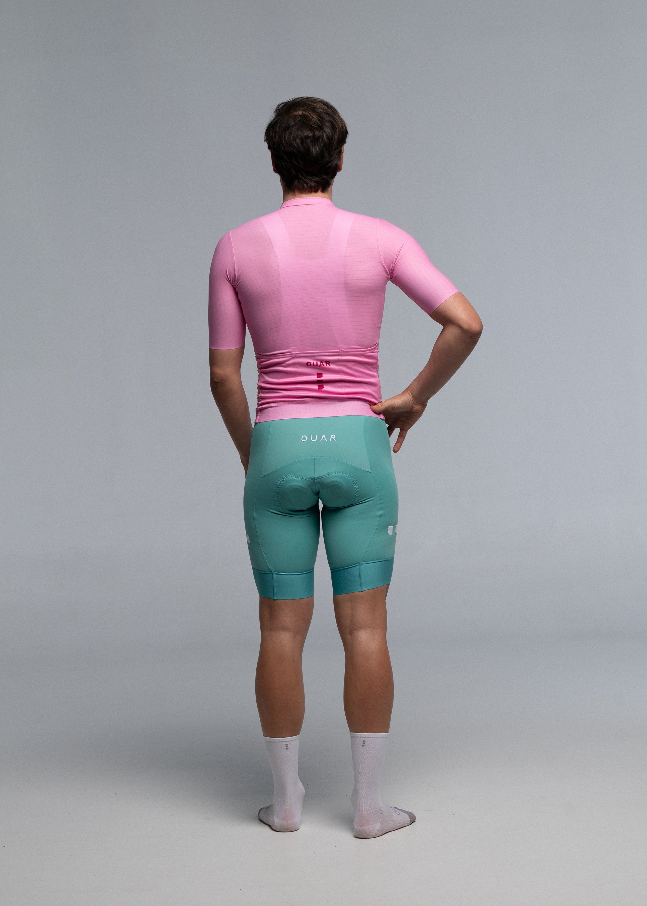 PINK JERSEY + AQUAMARINE BIBS + WHITE/GREY SOCKS