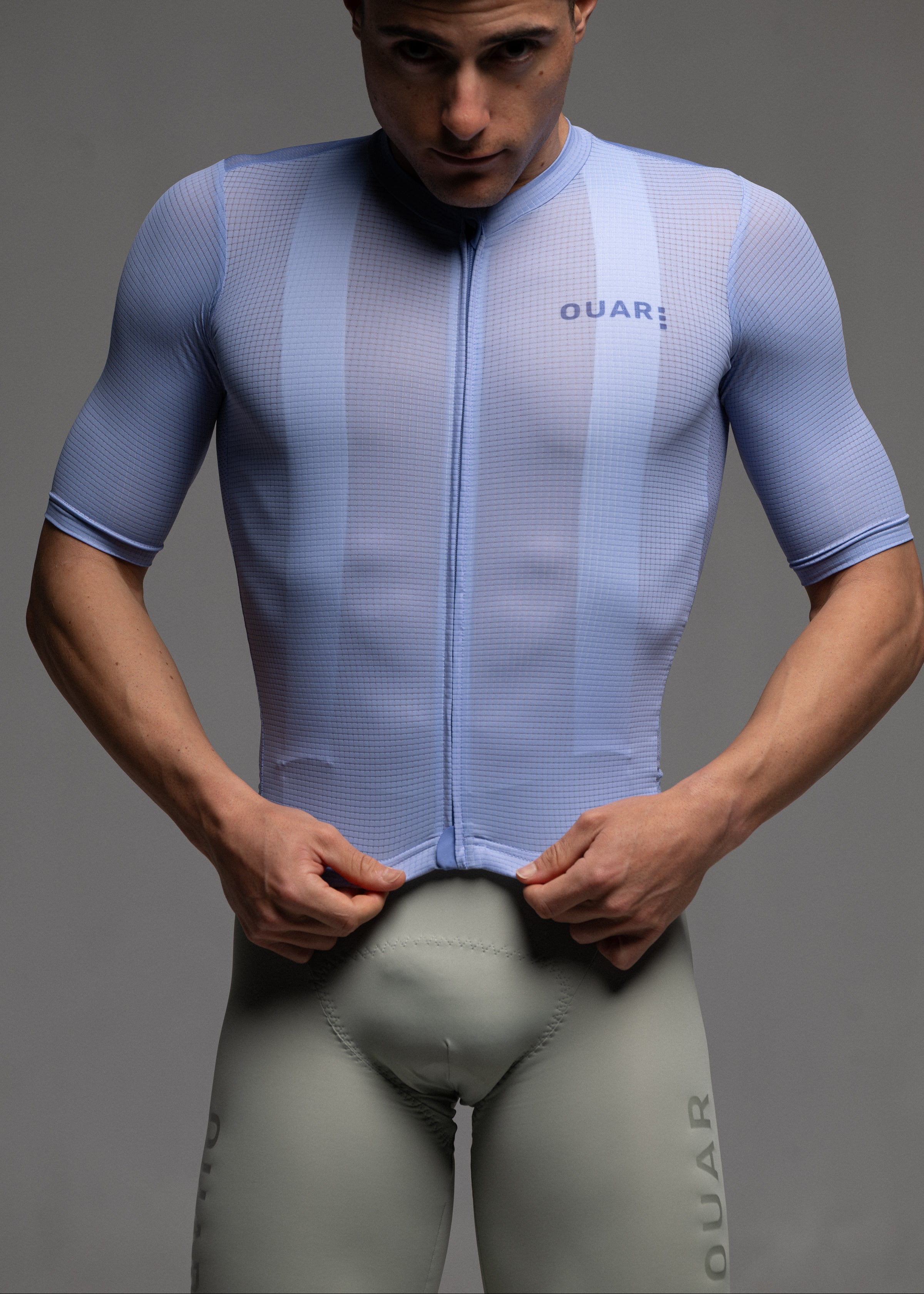 SAPPHIRE JERSEY + WARM GREY BIBS + WHITE/AQUA SOCKS