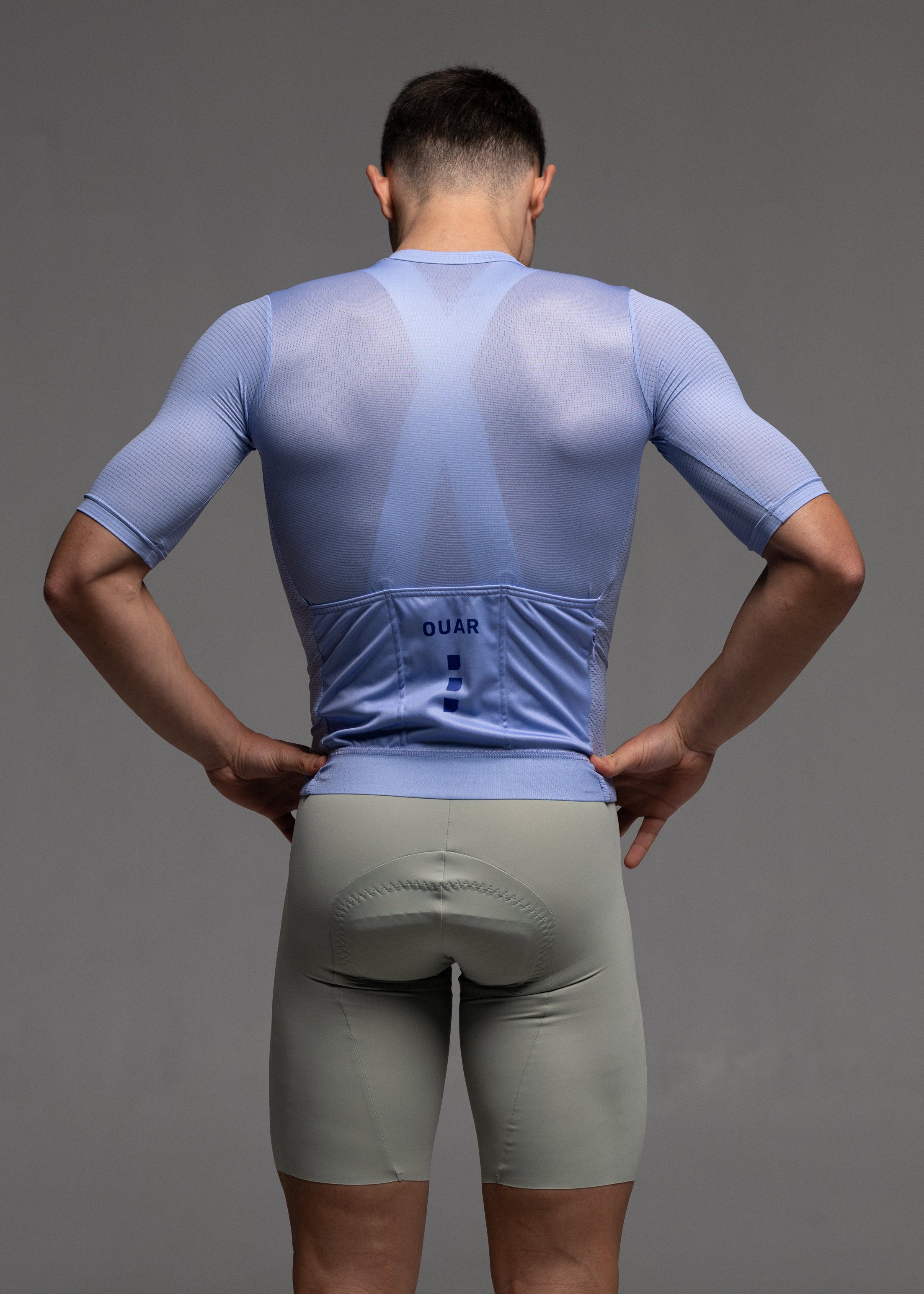 SAPPHIRE JERSEY + WARM GREY BIBS + WHITE/AQUA SOCKS