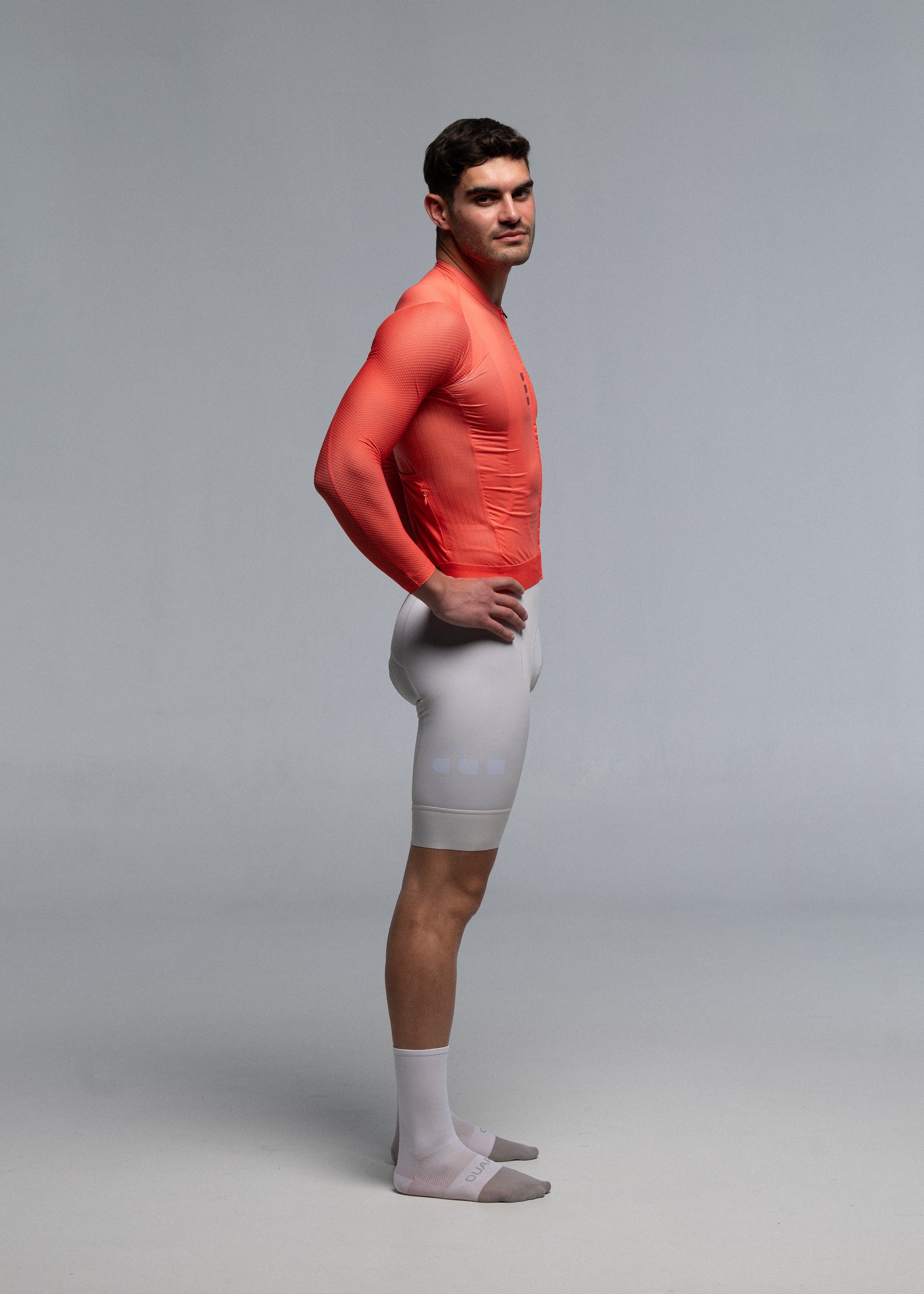 VIBRANT CORAL LS JERSEY + OFF WHITE BIBS + WHITE/GREY SOCKS