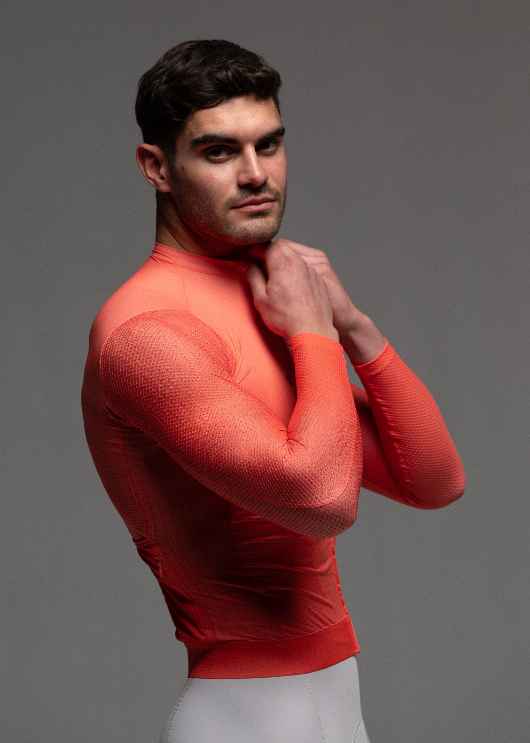 VIBRANT CORAL LS JERSEY + OFF WHITE BIBS + WHITE/GREY SOCKS