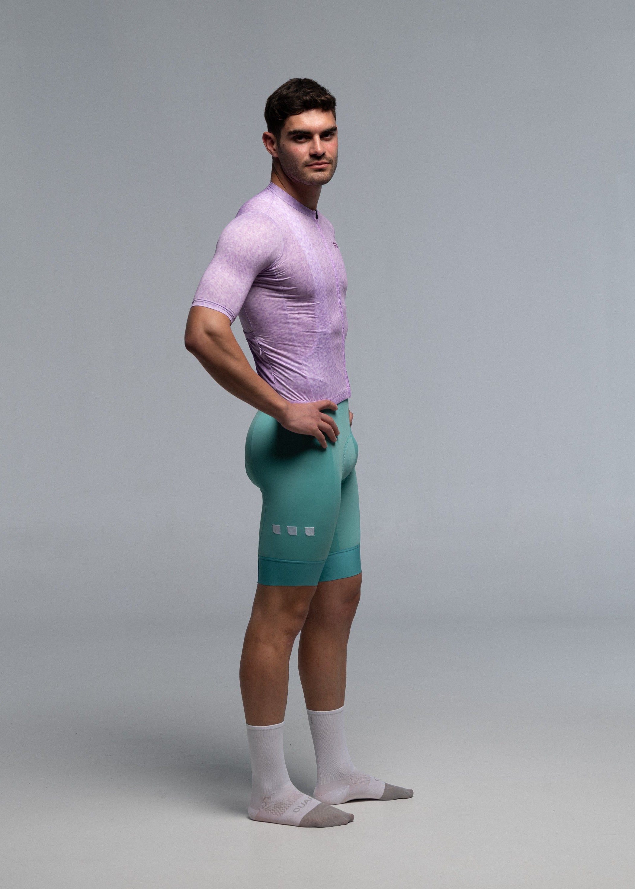 VIOLET JERSEY + AQUAMARINE BIBS + WHITE/GREY SOCKS