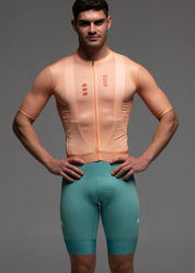 PEACH JERSEY + AQUAMARINE BIBS +`WHITE/GREY SOCKS