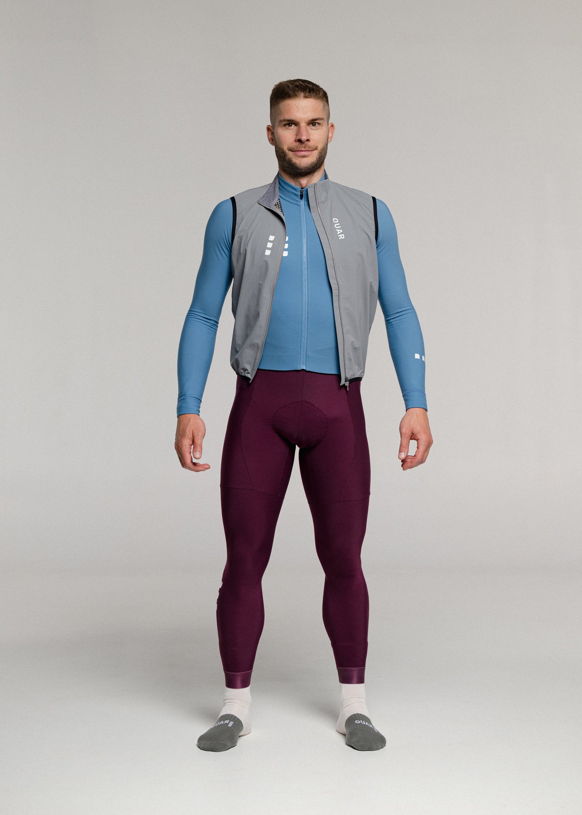 ELECTRO LS JERSEY + RIPE PLUM LONG BIBS + MIST GILET + NECK WARMER