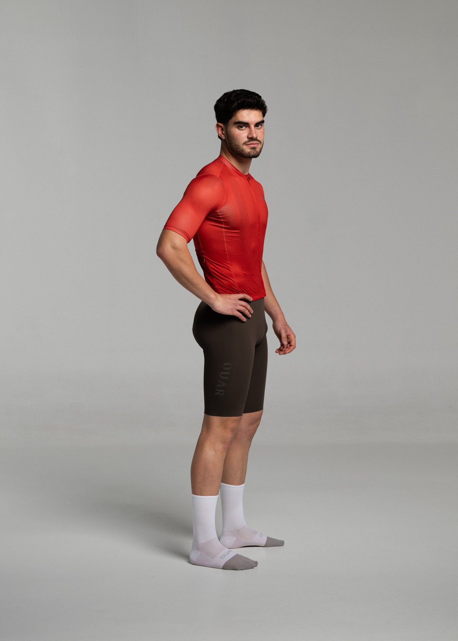 BURNT RED JERSEY + COCOA BIBS + WHITE/GREY SOCKS