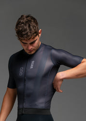 PURE BLACK JERSEY + STONE EVO BIBS + BLACK/GREY SOCKS